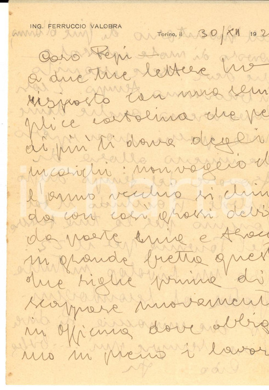 1921 TORINO Lettera ing. Ferruccio VALOBRA al cugino Pepi - AUTOGRAFO