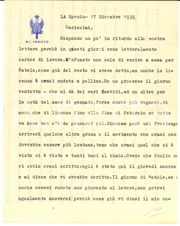 1939 LA SPEZIA Regio Incrociatore TRENTO - Lettera di un marinaio a processo