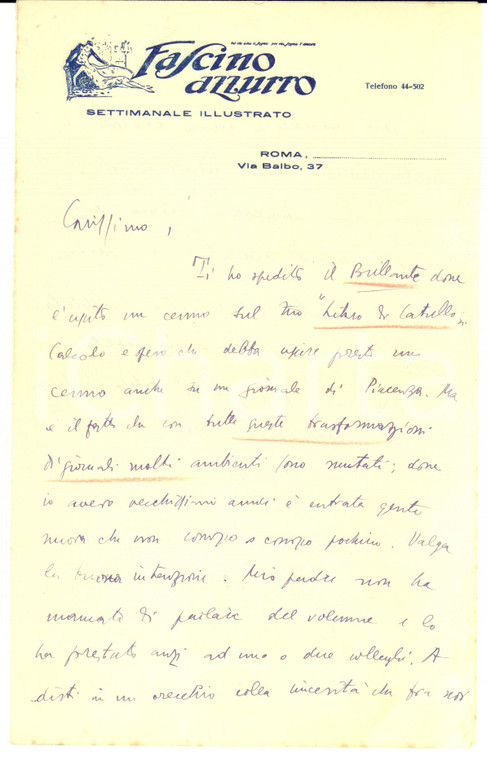 1928 ROMA Lettera Walter VACCARI a Carlo Saggio per Catullo - AUTOGRAFO