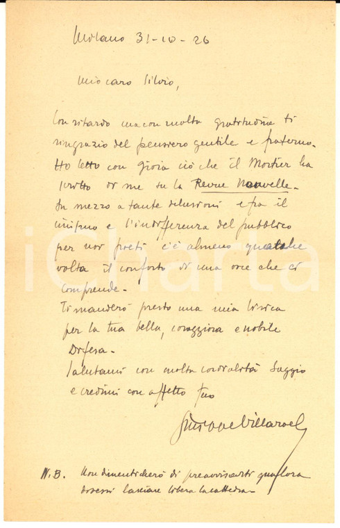 1926 MILANO Lettera Giuseppe VILLAROEL per recensione ricevuta - AUTOGRAFO