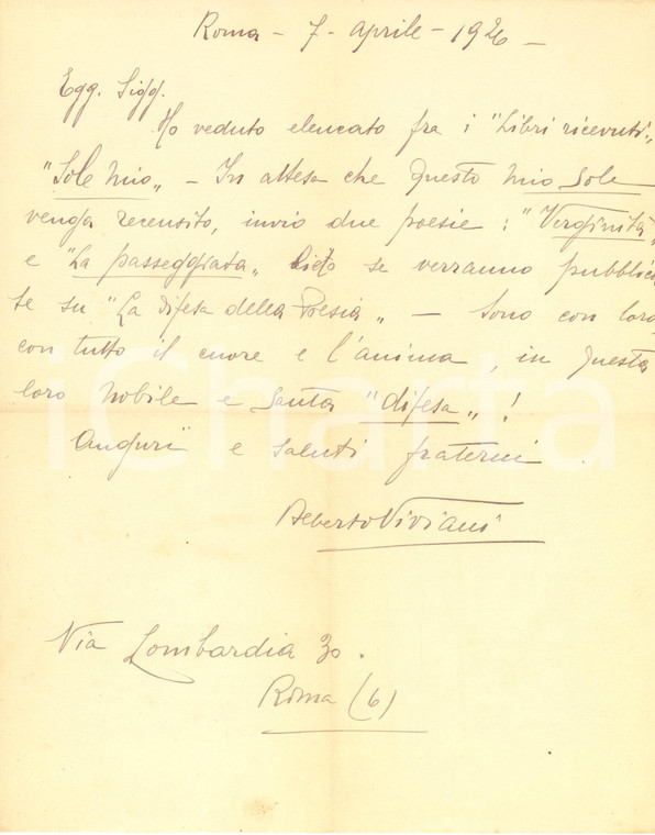 1926 ROMA FUTURISMO Lettera Alberto VIVIANI per invio poesie - AUTOGRAFO