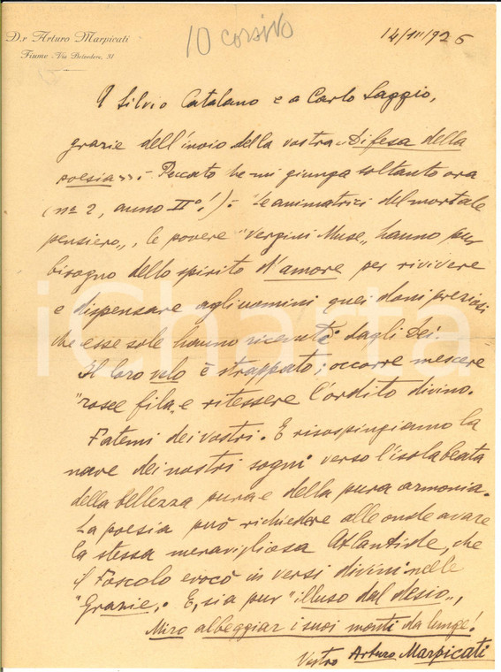 1926 FIUME Lettera Arturo MARPICATI per rivista ricevuta - AUTOGRAFO