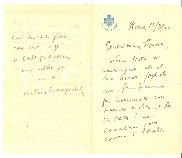 1921 ROMA Lettera on. Arturo MARESCALCHI per nomina cavaliere - AUTOGRAFO