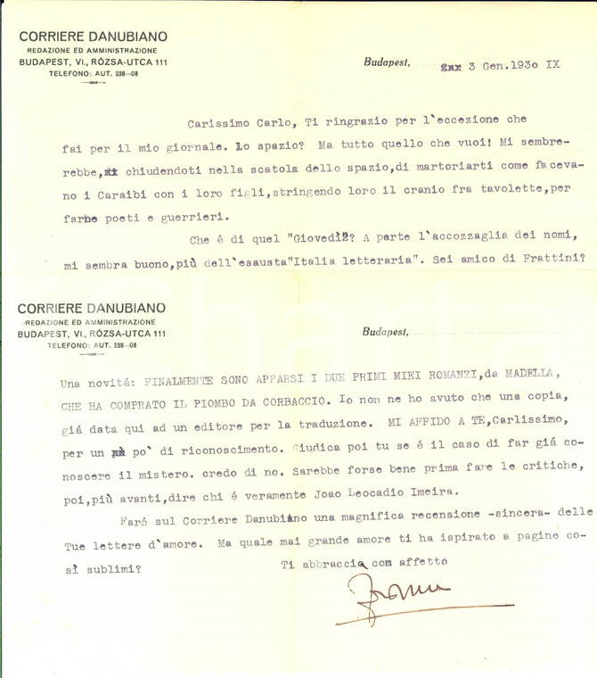 1930 BUDAPEST Lettera Franco VELLANI DIONISI sui suoi primi romanzi - AUTOGRAFO