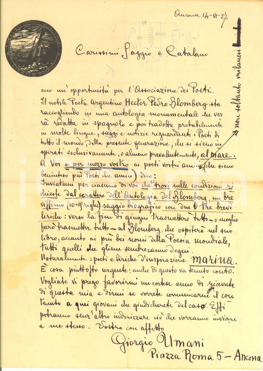 1927 ANCONA Lettera Giorgio UMANI pro antologia Hector Pedro BLOMBERG *AUTOGRAFO