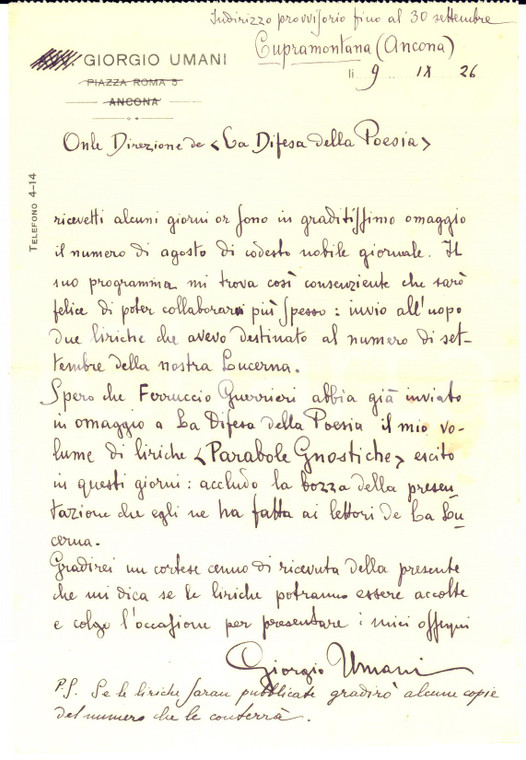 1926 CUPRAMONTANA Giorgio UMANI ringrazia "La Difesa della Poesia" AUTOGRAFO