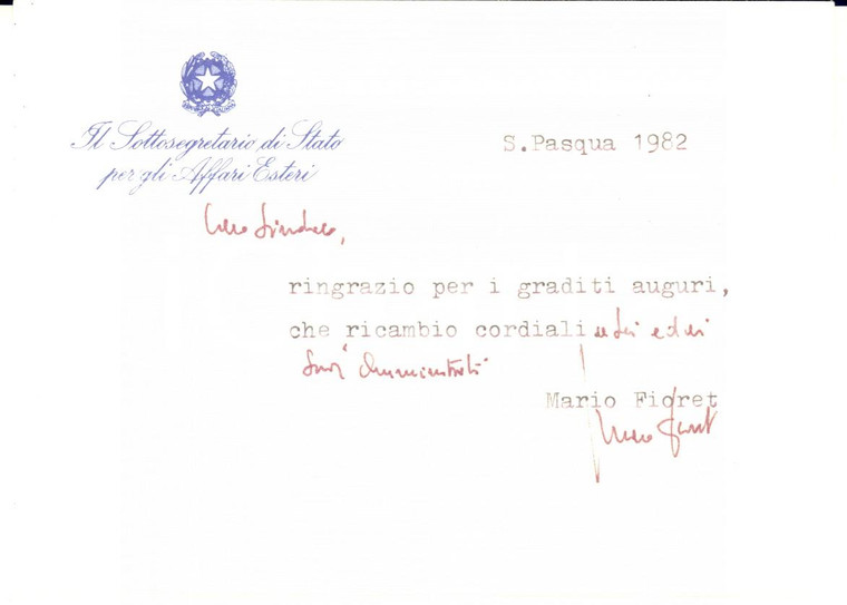 1982 ROMA Biglietto Mario FIORET per ringraziamento - AUTOGRAFO