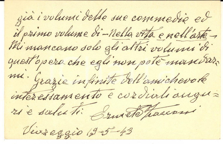 1943 VIAREGGIO Ermete ZACCONI ringrazia per libri ricevuti - Biglietto AUTOGRAFO