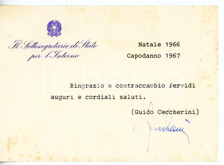 1966 POLITICA PSDI On. Guido CECCHERINI - Biglietto di auguri con AUTOGRAFO