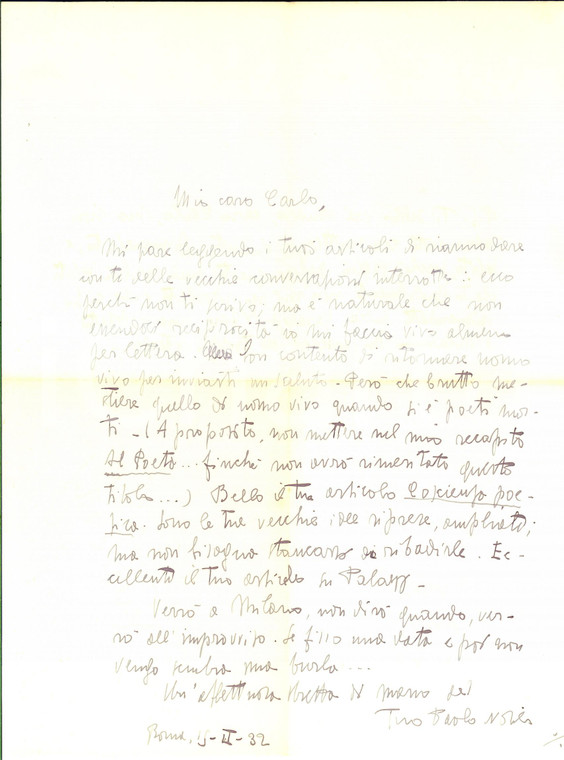 1932 ROMA Lettera Paolo NOBILE "Uomo vivo e poeta morto" - AUTOGRAFO