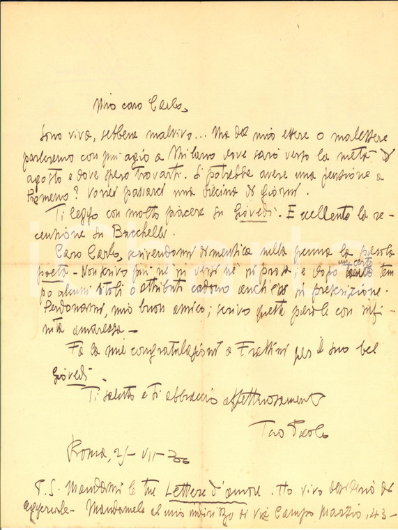 1936 ROMA Lettera Paolo NOBILE "Non scrivo più in verso" - AUTOGRAFO