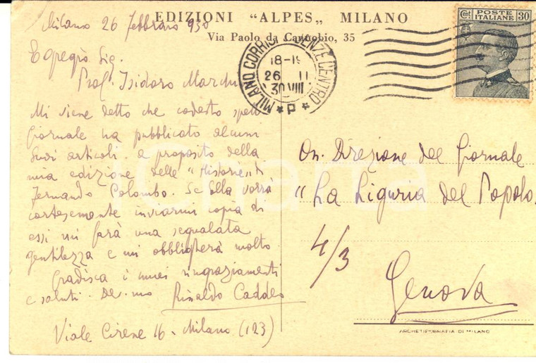 1930 MILANO Cartolina Rinaldo CADDEO per richiesta articoli - AUTOGRAFO