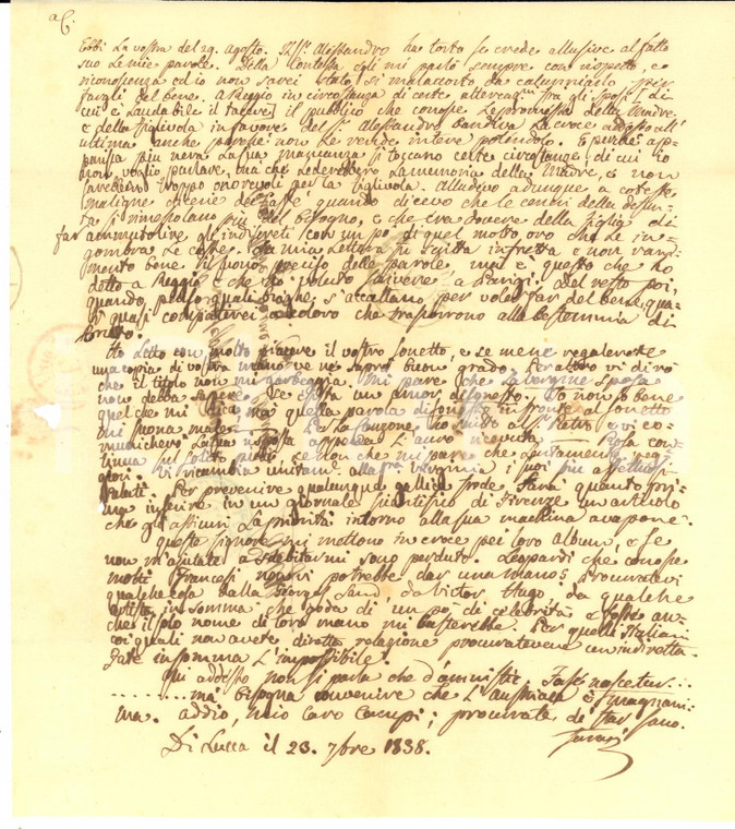 1838 LUCCA Filosofo Giuseppe FERRARI a Joseph Campi per un sonetto - AUTOGRAFO