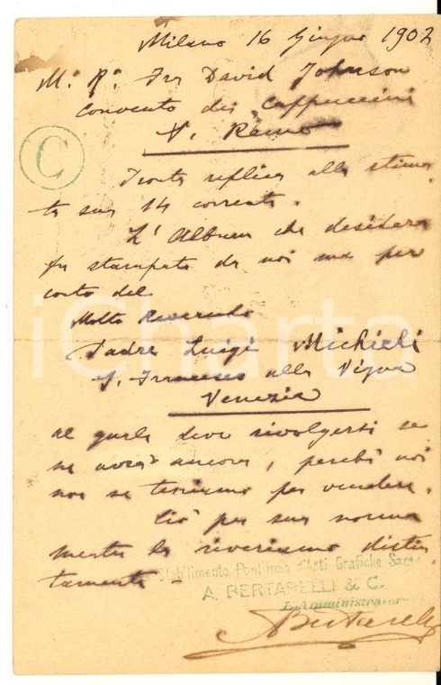1902 MILANO Cartolina Achille BERTARELLI per stampa di un album  - Autografo