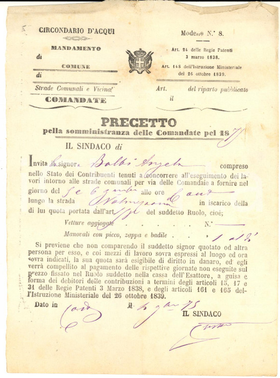 1875 CORTIGLIONE Precetto ad Angela BALBI per concorso lavori strada VALMEZZANA