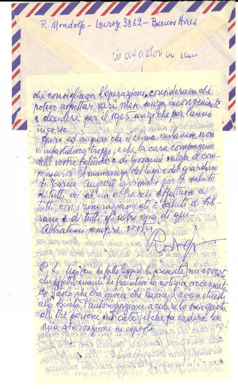 1964 BUENOS AIRES Lettera Rodolfo MONDOLFO su questioni familiari *AUTOGRAFO
