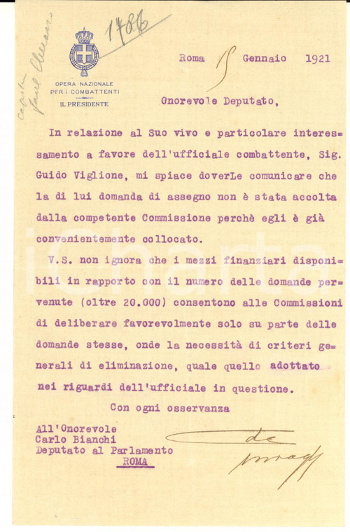 1921 ROMA ONC Lettera presidente all' on. Carlo Bianchi per assegno - AUTOGRAFO