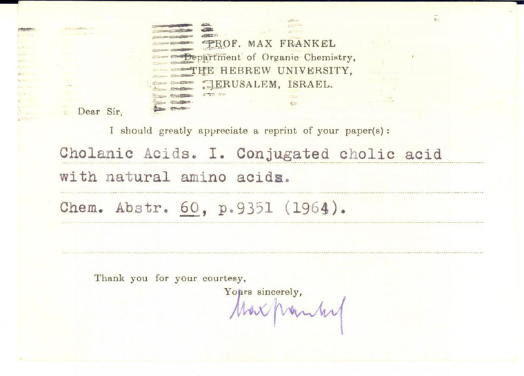 1964 JERUSALEM The Hebrew University - Prof. Max FRANKEL - SIGNED CARD