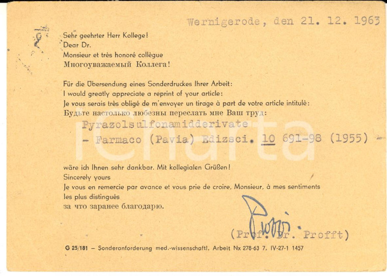 1963 WERNIGERODE Prof. Elmar PROFFT - Cartolina per ringraziamento - AUTOGRAFO