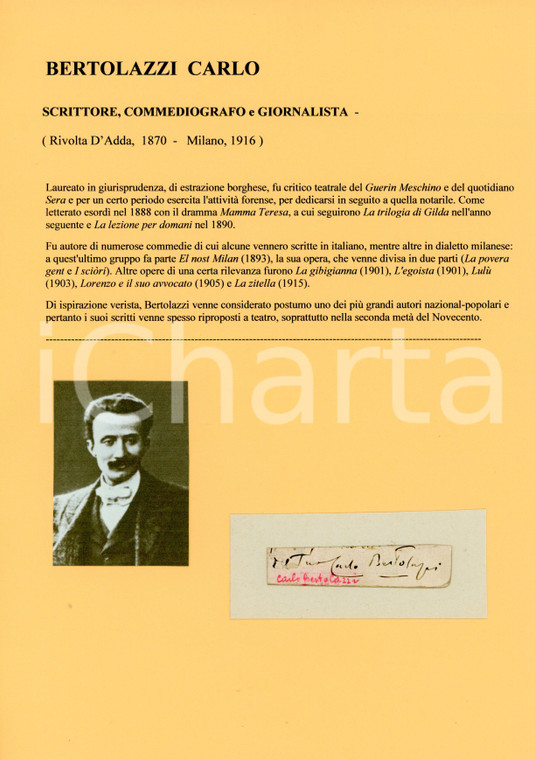 1900 ca Carlo BERTOLAZZI - Scrittore - AUTOGRAFO su carta (frammento)