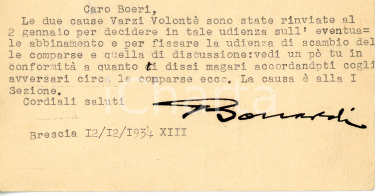 1934 BRESCIA On. Carlo BONARDI per rinvio causa *Cartolina con AUTOGRAFO 14x9 cm
