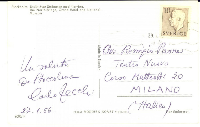 1956 STOCKHOLM Cartolina pianista Carlo ZECCHI a Remigio PAONE - AUTOGRAFO
