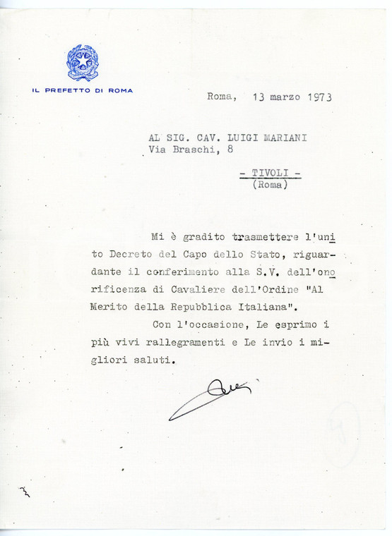 1973 ROMA Prefetto Giovanni RAVALLI - Lettera a Luigi MARIANI con AUTOGRAFO