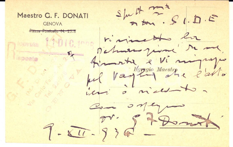1936 GENOVA Maestro G. F. DONATI - Cartolina per diritti d'autore - AUTOGRAFO