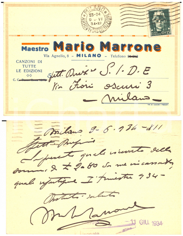 1934 MILANO Maestro Mario MARRONE - Canzoni - Cartolina per diritti *AUTOGRAFO