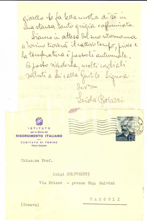 1954 TORINO Museo del Risorgimento - Lettera Leida BOTTAZZI a Luigi BULFERETTI