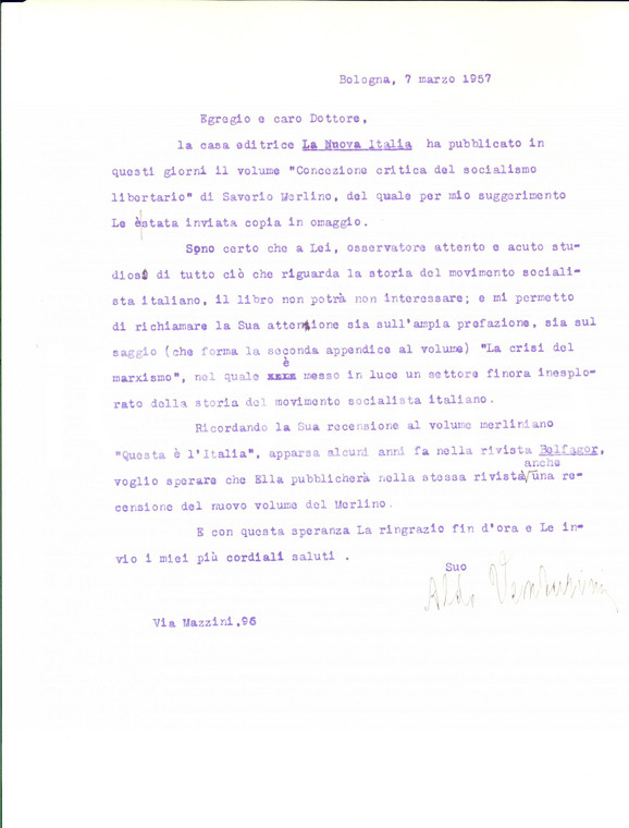 1957 BOLOGNA Lettera Aldo VENTURINI per recensione a Saverio MERLINO *Autografo