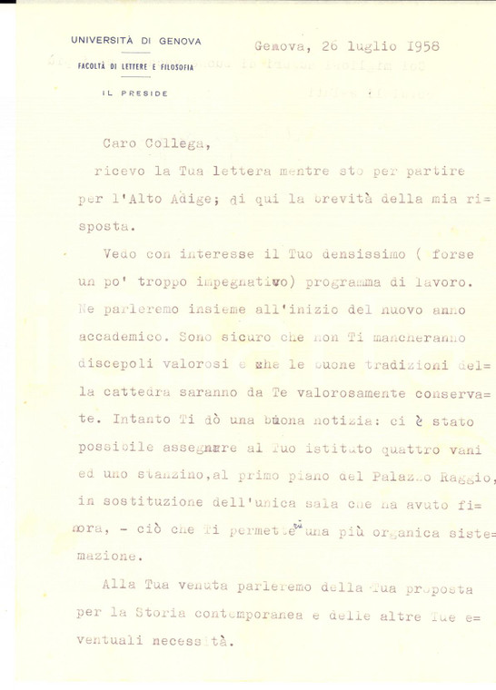 1958 GENOVA Facoltà di Lettere - Preside Giovanni Angelo ALFERO - AUTOGRAFO