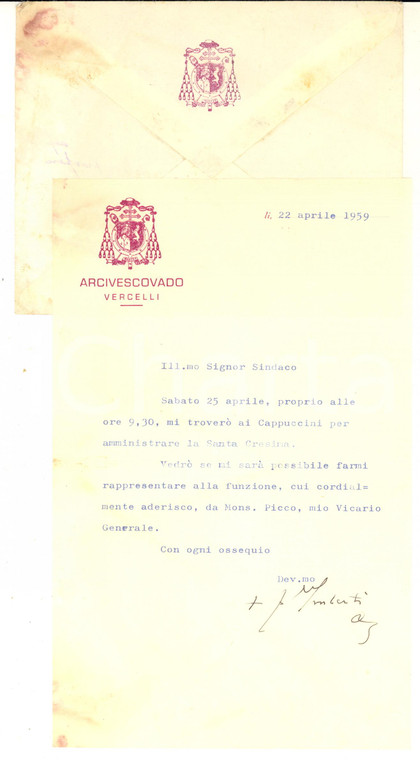 1959 VERCELLI Lettera mons. Francesco IMBERTI per invio vicario - AUTOGRAFO