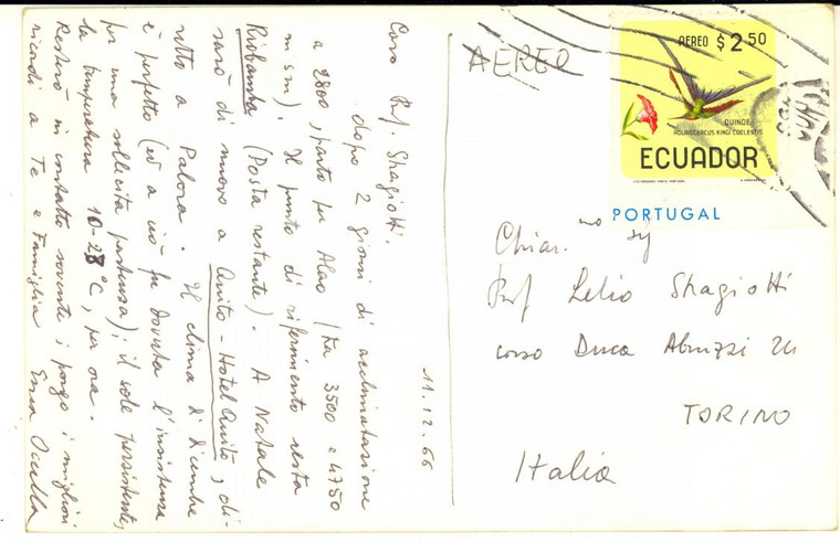 1966 ECUADOR Cartolina prof. Enea OCCELLA in viaggio - AUTOGRAFO FP VG