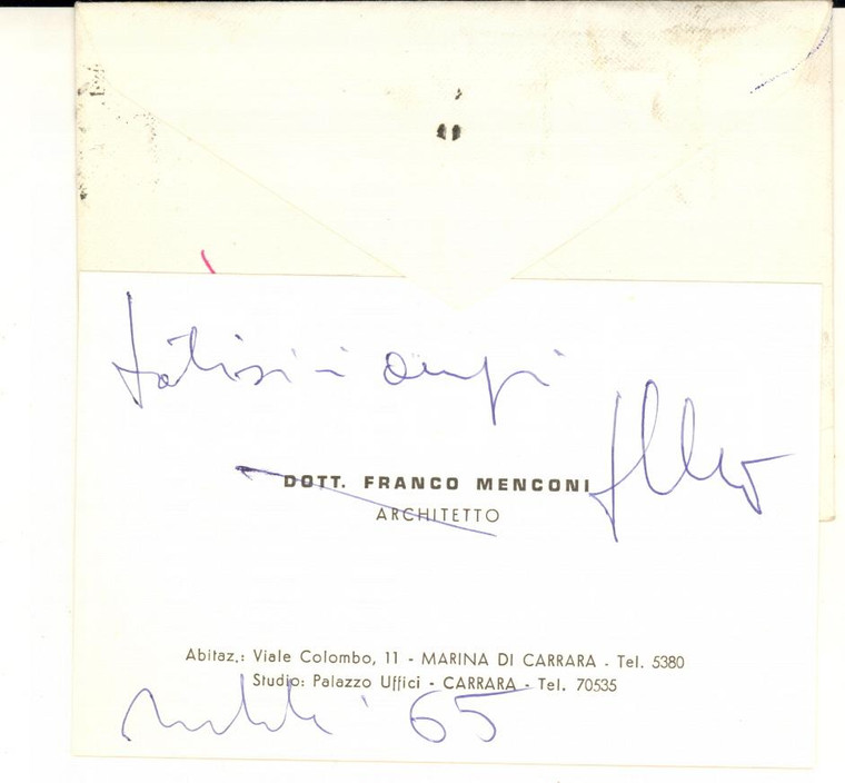 1965 CARRARA Architetto Franco MENCONI - Biglietto da visita AUTOGRAFO