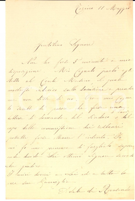 1850 ca TORINO Lettera contessa Adele DI ROVASENDA ARBORIO MELLA - AUTOGRAFO