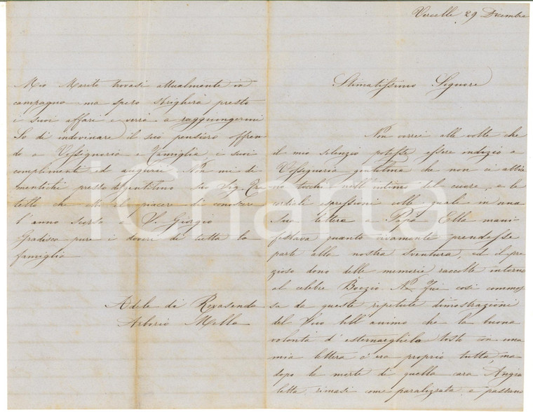 1850 ca VERCELLI Lettera Adele DI ROVASENDA in morte della figlia - AUTOGRAFO