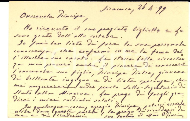 1899 SIRACUSA Prefetto Ulisse TONI - Biglietto da visita AUTOGRAFO