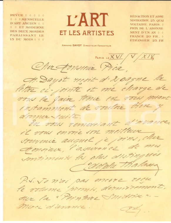 1914 PARIS Adolphe THALASSO invia lettera per conto di Armand DAYOT - AUTOGRAFO