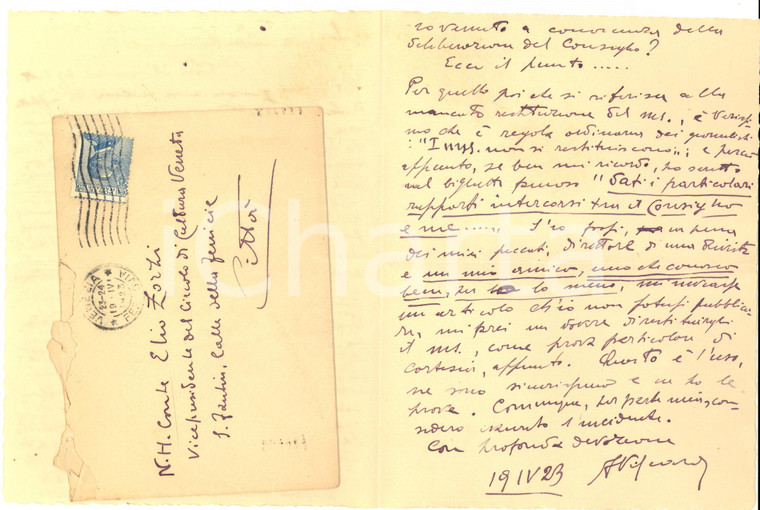 1923 VENEZIA Antonio VISCARDI ringrazia Elio Zorzi per le scuse - AUTOGRAFO