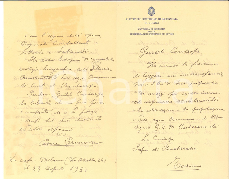 1940 ca BOLOGNA Lettera Cesare GRINOVERO pro opera mons. CACHERANO Autografo