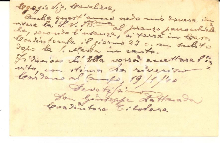 1910 CARDANO AL CAMPO Don Giuseppe LATTUADA ^Biglietto da visita autografo