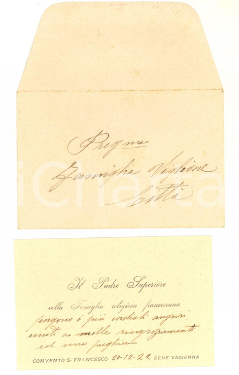 1922 BENE VAGIENNA Convento S. Francesco - Padre Superiore - Biglietto autografo