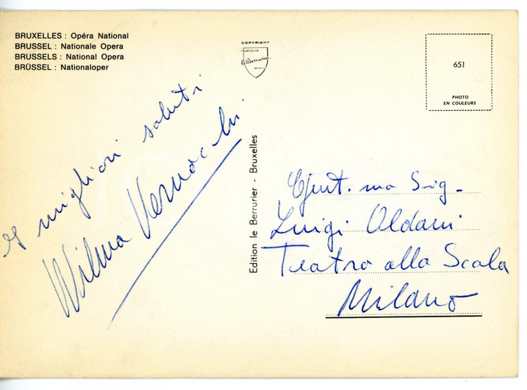 1960 ca BRUXELLES LIRICA Soprano Wilma VERNOCCHI - Cartolina con AUTOGRAFO FG NV