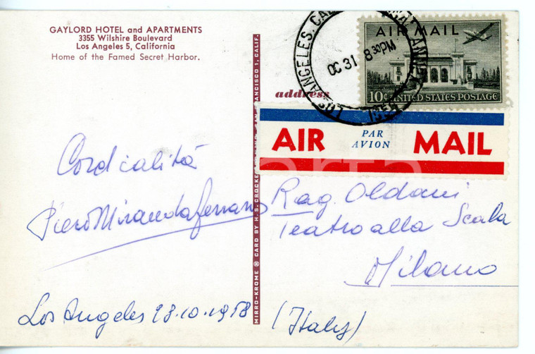 1958 LOS ANGELES - LIRICA Tenore Piero Miranda FERRARO - Cartolina con AUTOGRAFO