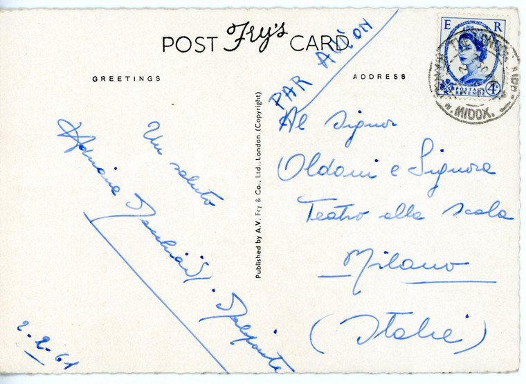 1961 LONDON - LIRICA Soprano Adriana MACCHIAIOLI MALIPONTE *Cartolina AUTOGRAFA