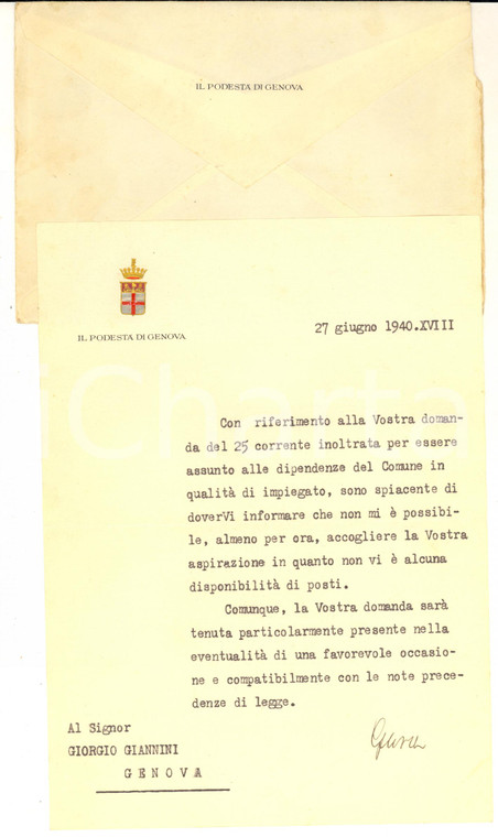1940 GENOVA Lettera podestà Aldo GARDINI per domanda lavoro - AUTOGRAFO