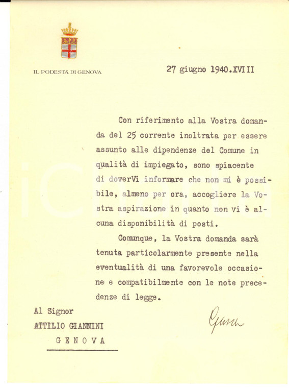 1940 GENOVA Lettera podestà Aldo GARDINI per domanda di lavoro - AUTOGRAFO