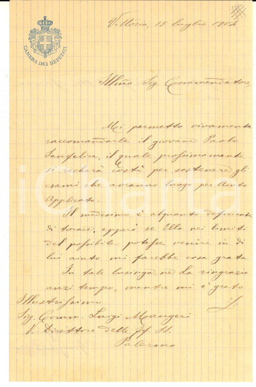 1904 VITTORIA Lettera on. Evangelista RIZZA pro Paolo SANFELICE - AUTOGRAFO