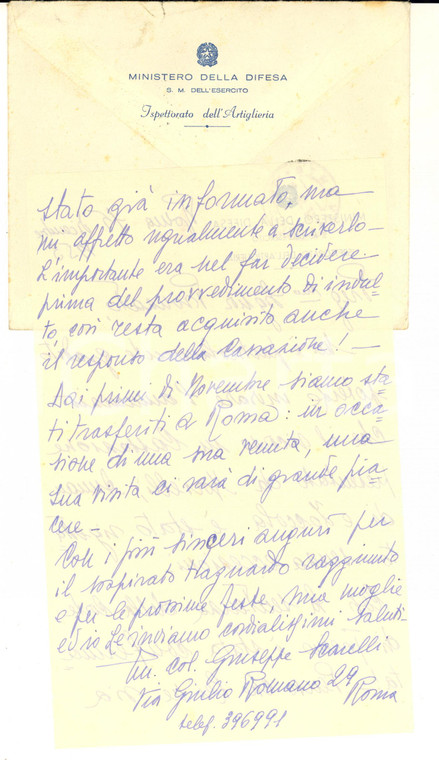 1953 ROMA MINISTERO DELLA DIFESA Lettera ten. col. Giuseppe SCARELLI - Autografo